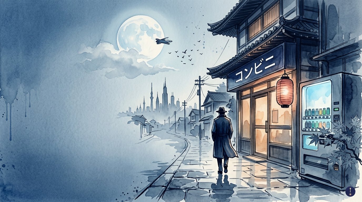 Suasana malam kota Jepang dengan langit cool blue