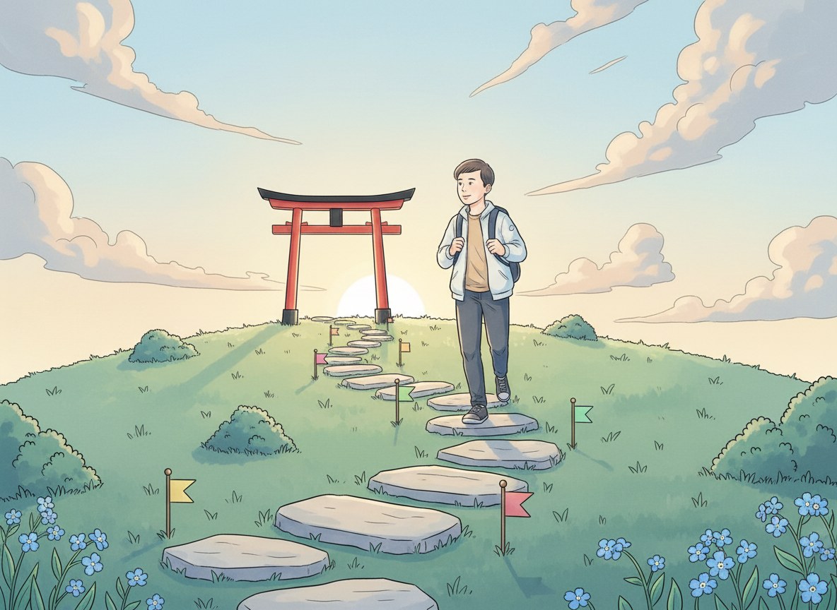Perjalanan belajar bahasa Jepang dari nol menuju lancar, ilustrasi jalur menuju torii