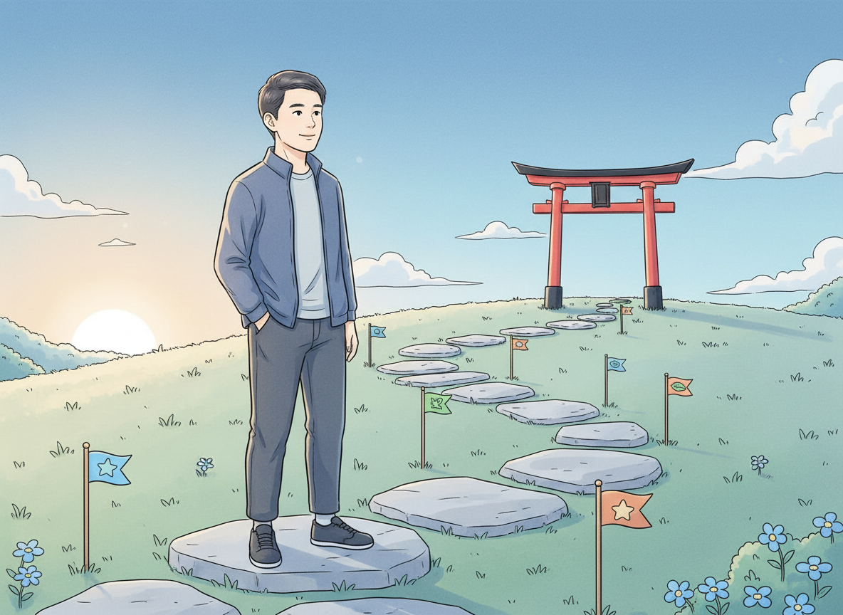 Ilustrasi jalur belajar bertahap menuju tujuan