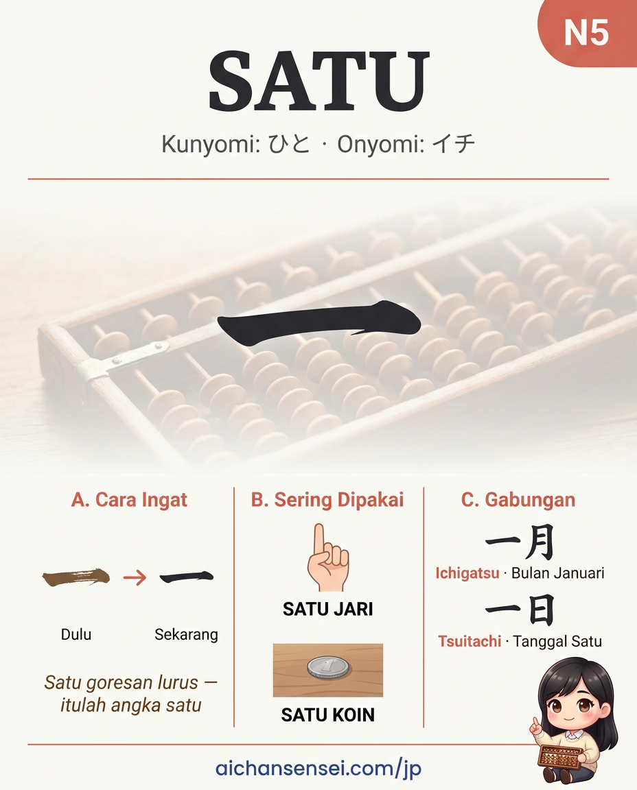 Contoh kartu kanji 一 (ichi) — bagian dari level N5
